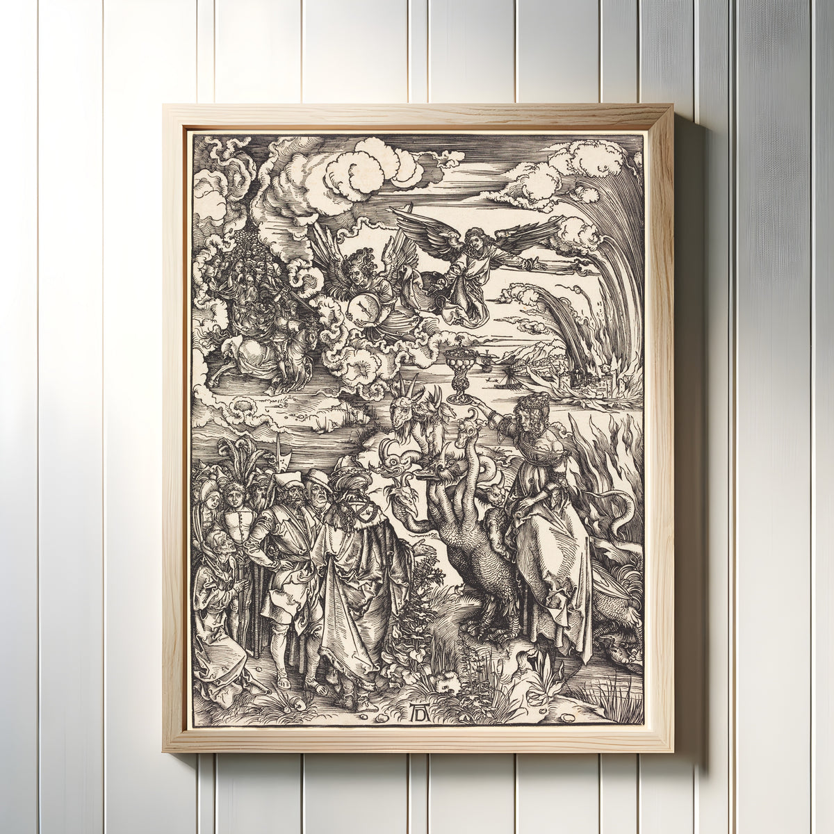 Framed art print of The Babylonian Whore by Albrecht Dürer, in a light wood frame on a white panelled wall