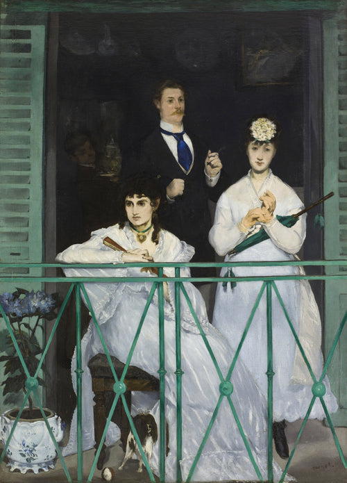 The Balcony by Édouard Manet — Two women in white and a man in black on a green-railed balcony