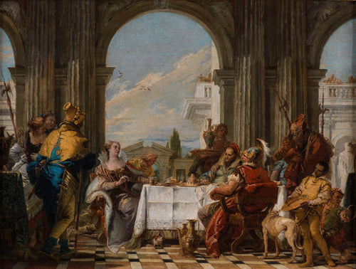The Banquet of Cleopatra by Giovanni Battista Tiepolo — A queen and her guests dine at a white table under a great arch
