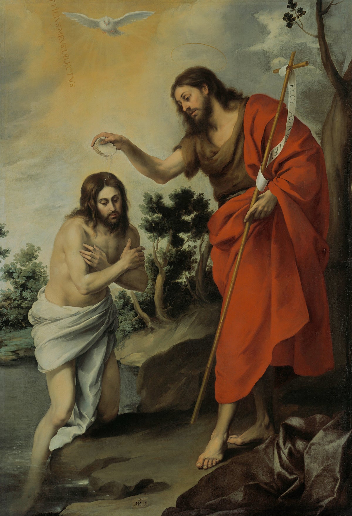 The Baptism of Christ by Bartolomé Esteban Murillo — Christ with crossed arms as water is poured over his head from a shell