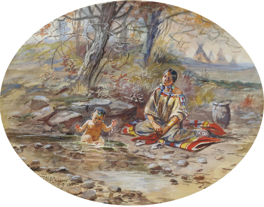 Charles M. Russell — The Bath | Western Art Print shown to scale on a wall above a sofa