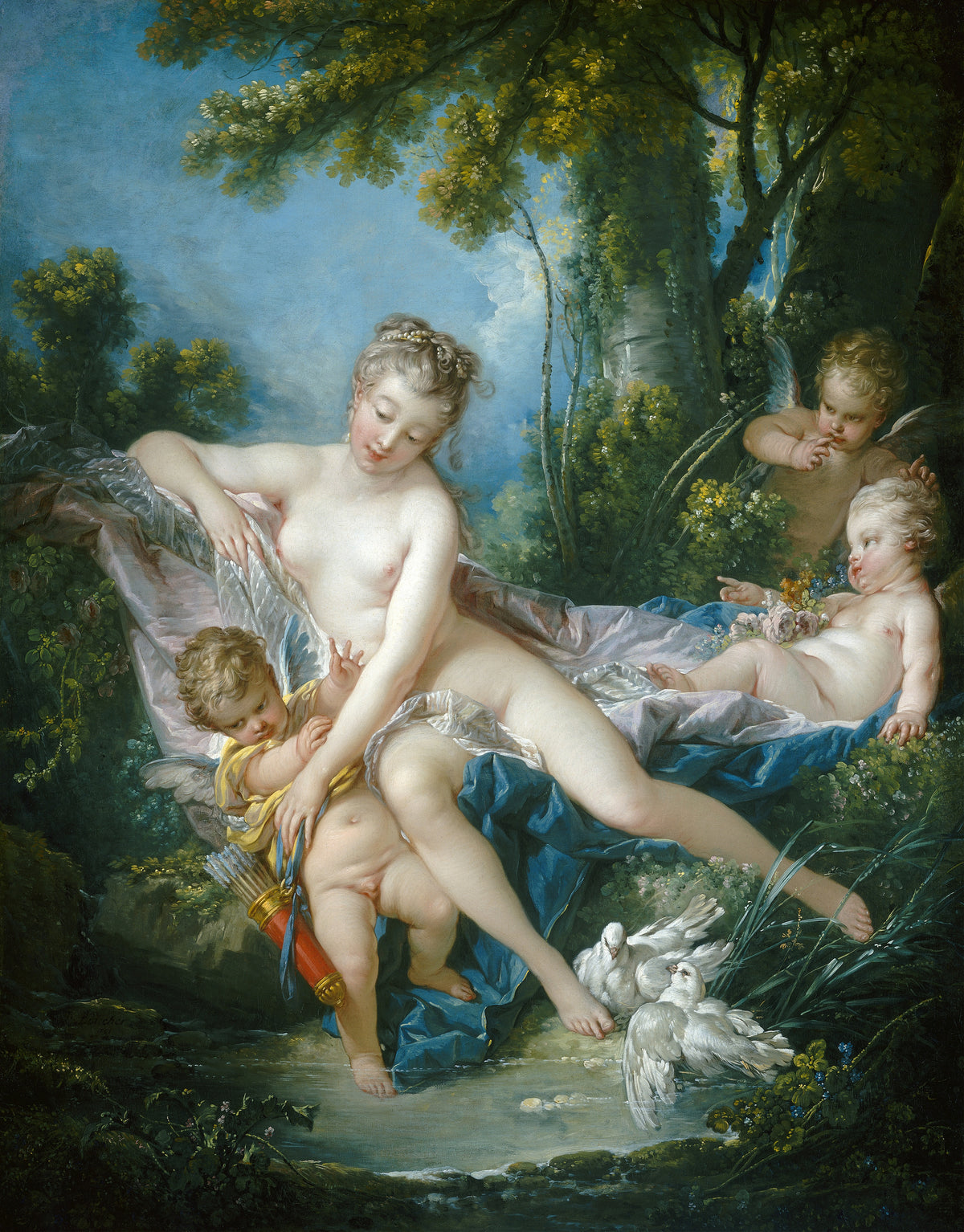 The Bath of Venus by François Boucher — A woman reclines by a woodland pool as a putto clings to her knee