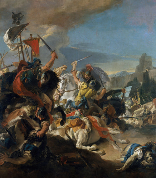 The Battle of Vercellae by Giovanni Battista Tiepolo — Cavalry clash beneath a stormy sky, white horses and fallen soldiers
