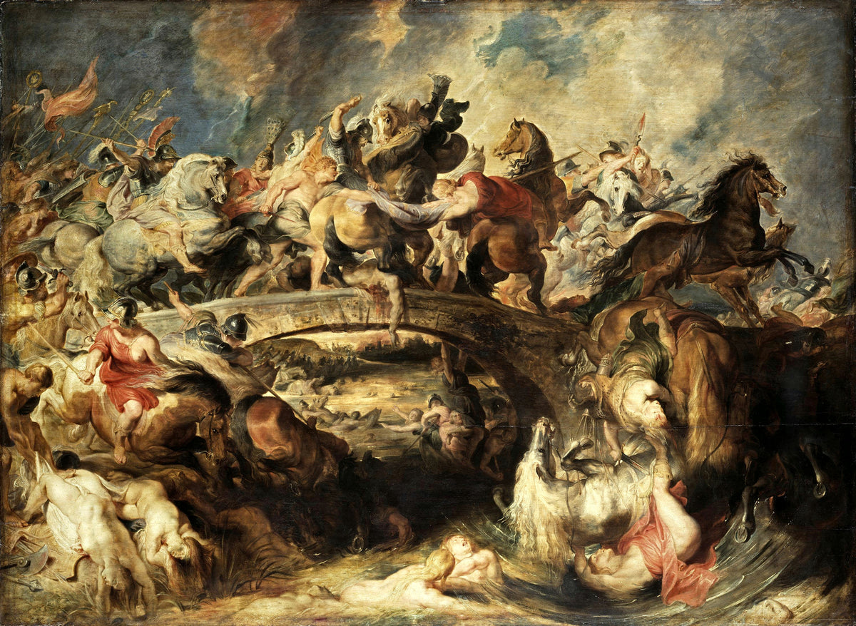 The Battle of the Amazons by Peter Paul Rubens — Riders clash on a stone bridge as horses tumble into the river below