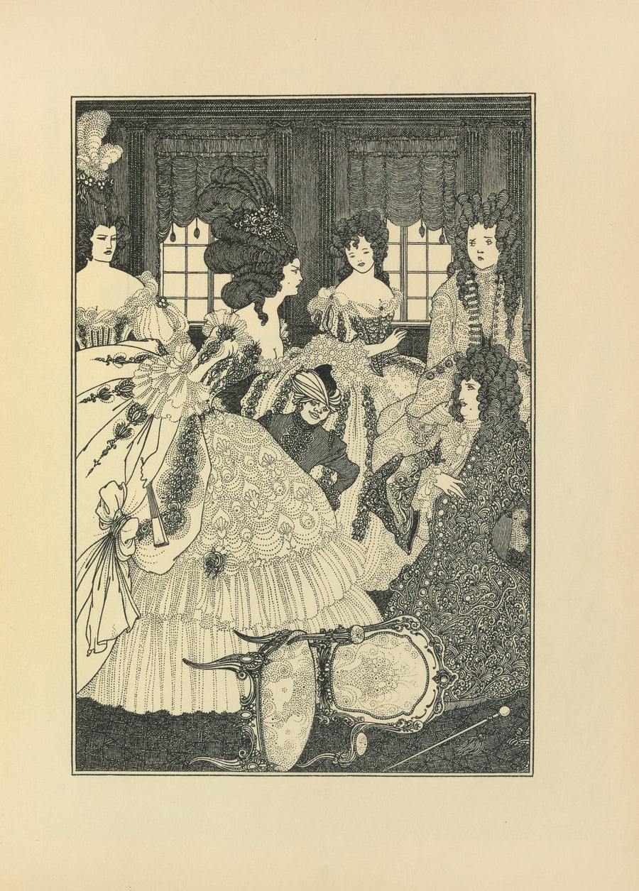 Aubrey Beardsley — The Battle of the Beaux and the Belles | Art Nouveau Illustration Print shown to scale on a wall above a sofa