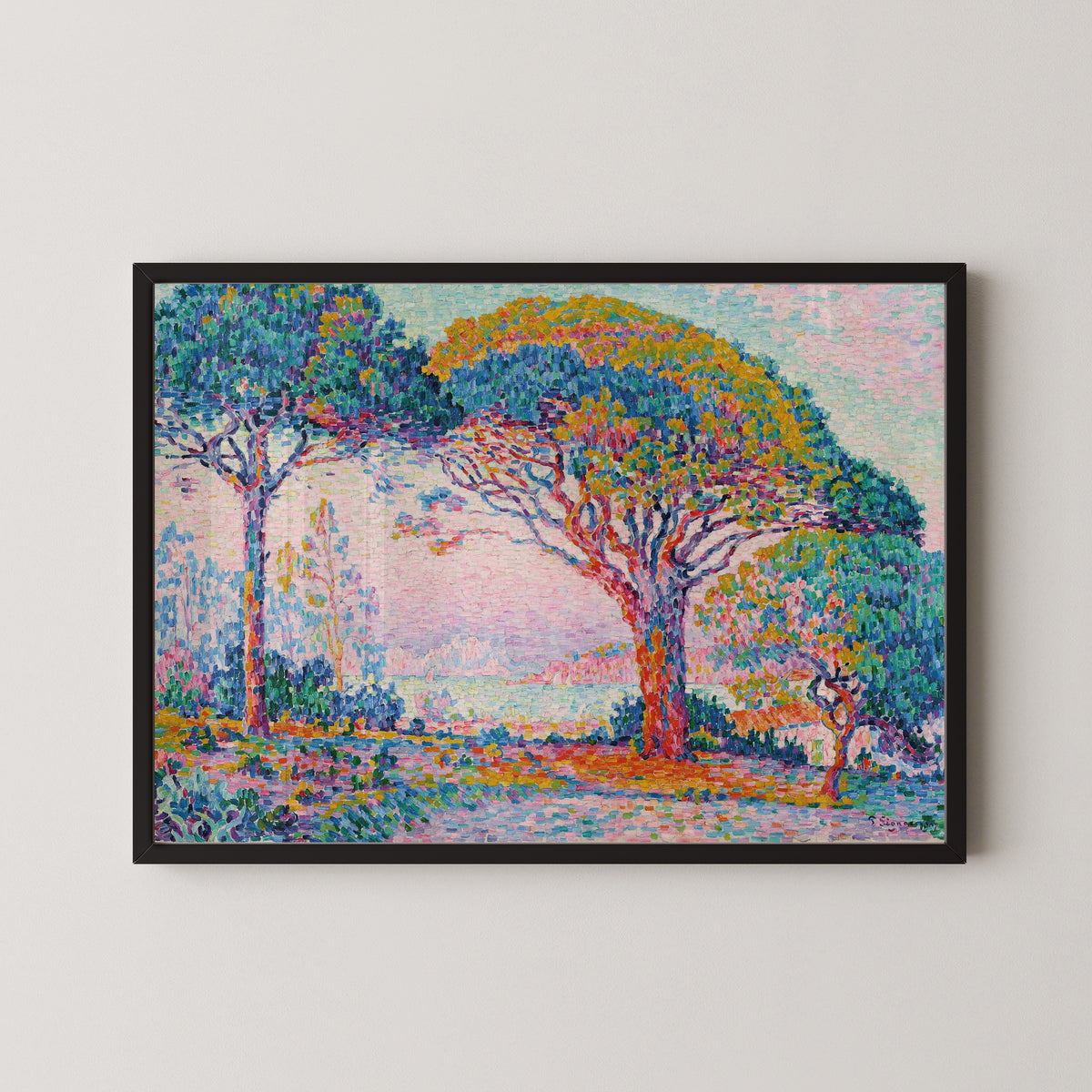 Framed art print of The Bay, Saint-Tropez by Paul Signac, in a black frame on a pale wall