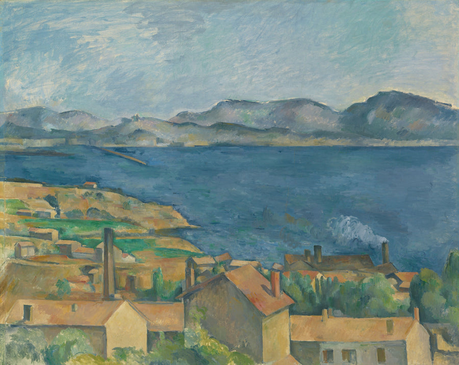Paul Cezanne — The Bay of Marseille, Seen from L'Estaque | Fine Art Print shown to scale on a wall above a sofa