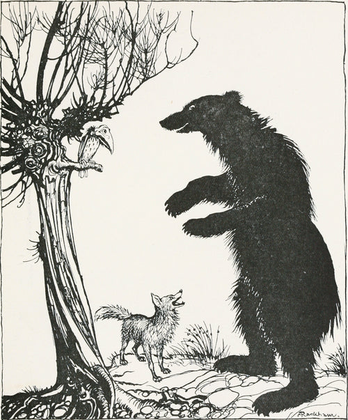 The Bear and the Fox by Arthur Rackham — A towering black bear rears toward a hook-beaked bird as a fox yaps