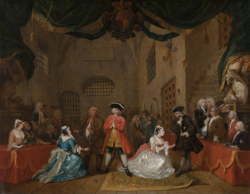 The Beggar's Opera by William Hogarth — A shackled highwayman and two kneeling women in a stone prison