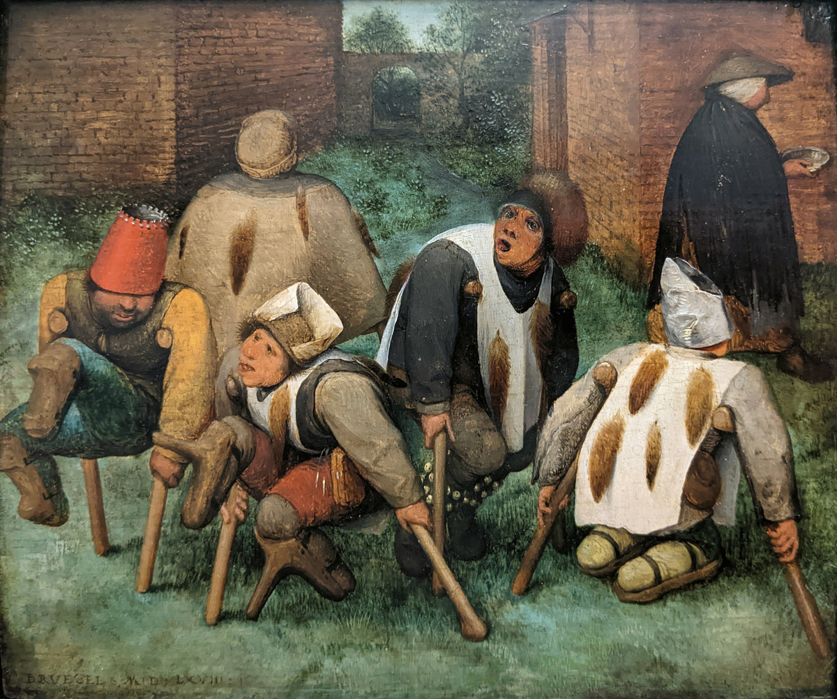 The Beggars by Pieter Bruegel the Elder — Men on crutches in fox-tail tunics cross a grassy yard