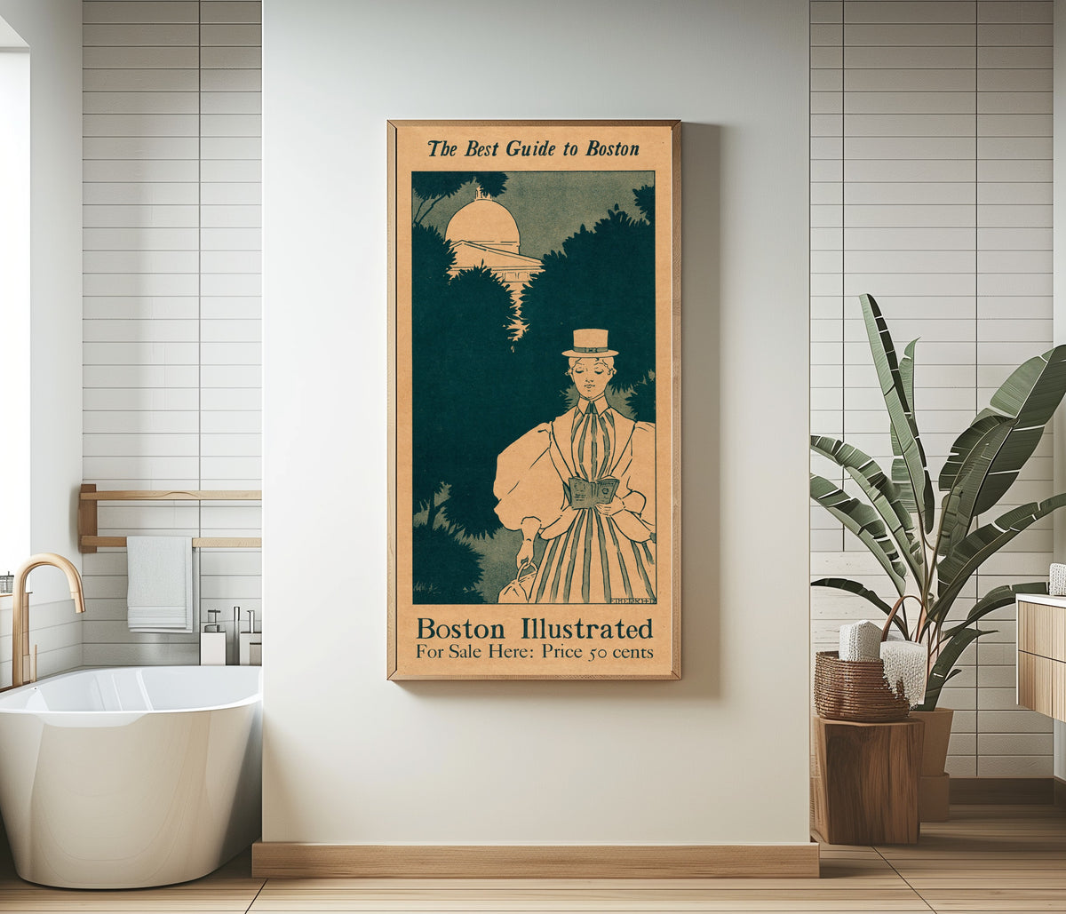Framed art print of The Best Guide to Boston by Ethel Reed, in a bathroom beside a freestanding tub
