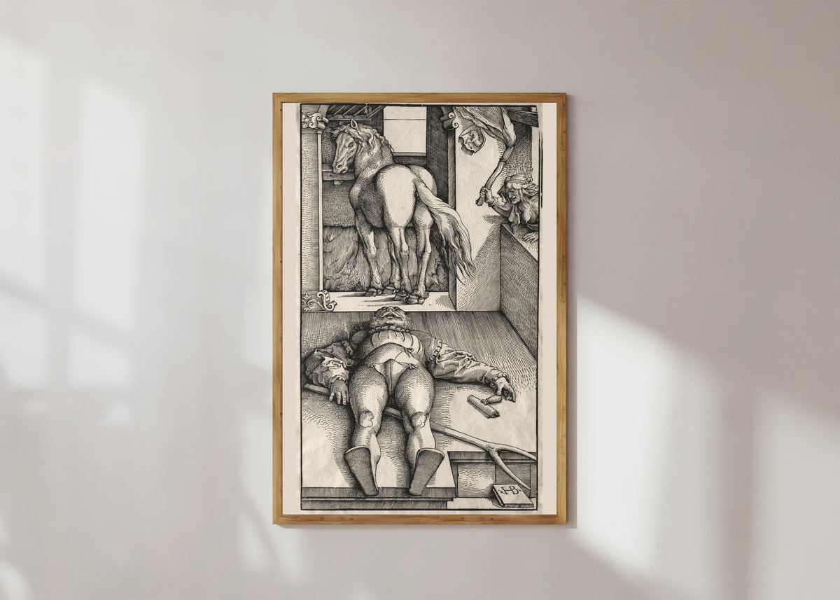 Framed art print of The Bewitched Groom by Hans Baldung Grien, in a light wood frame on a sunlit white wall