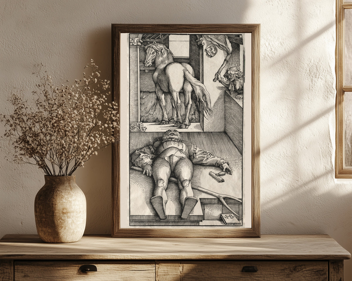 Framed art print of The Bewitched Groom by Hans Baldung Grien, in a dark wood frame leaning on a rustic console beside dried flowers