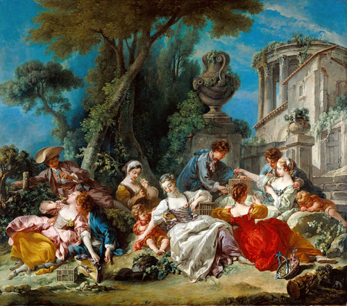 The Bird Catchers by François Boucher — Young villagers lounge among bird cages beneath a ruined rotunda