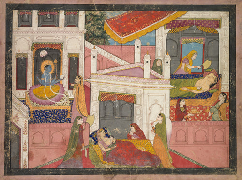 The Birth of Rama and His Brothers, from the Bala Kanda of the Adhyatma Ramayana by Kangra school — Mothers and newborns in a palace under a four-armed deity
