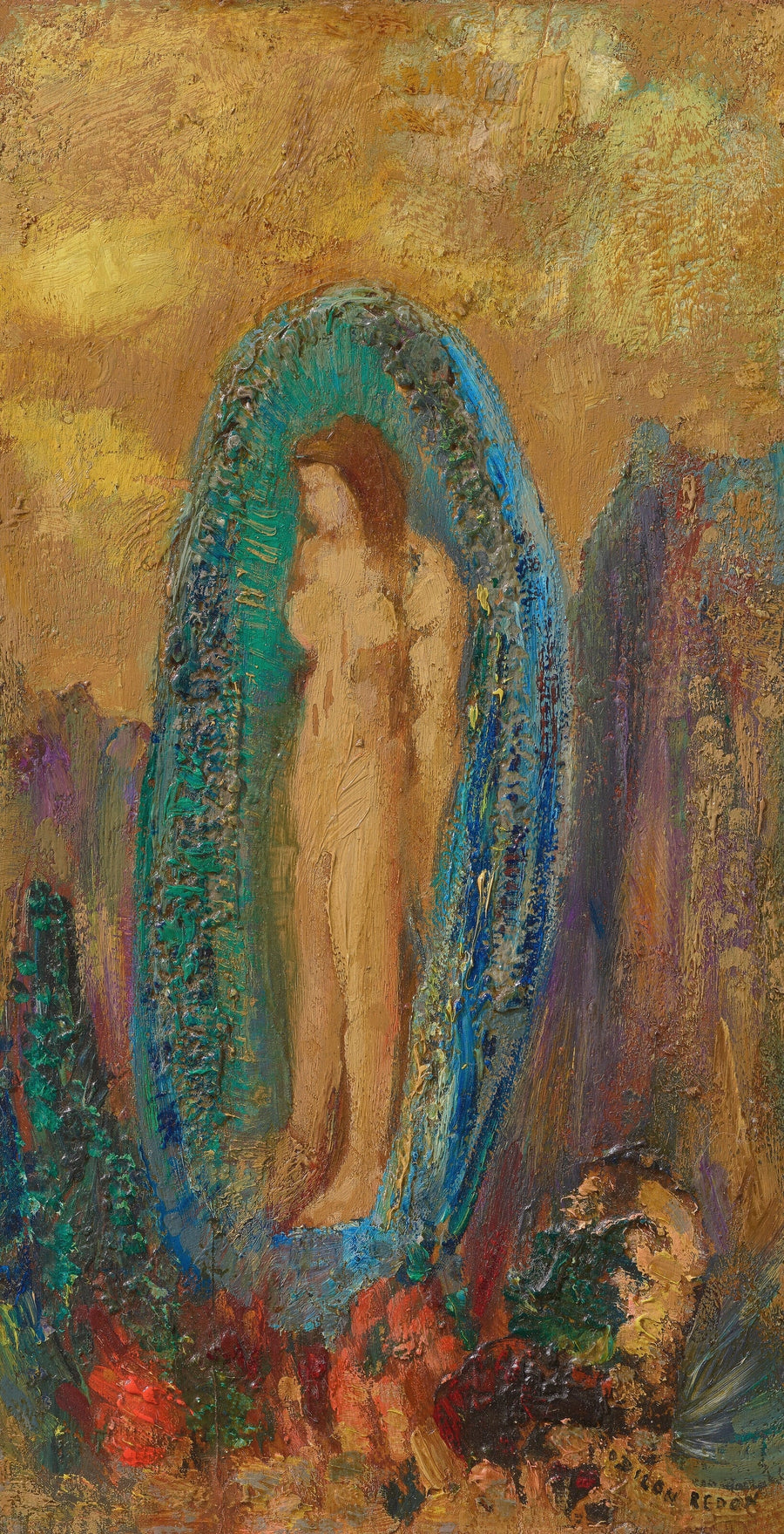Odilon Redon — The Birth of Venus (The Auric Egg) | Symbolist Art Print shown to scale on a wall above a sofa