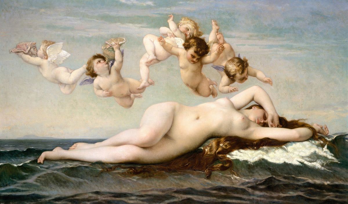 The Birth of Venus by Alexandre Cabanel — Venus lies on a breaking wave as winged infants circle overhead