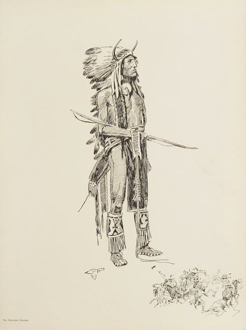The Blackfeet Warrior by Charles M. Russell — A Blackfeet man in a horned headdress stands holding a bow