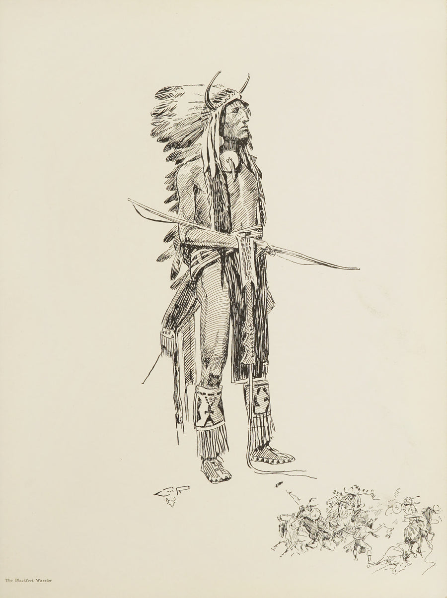 Charles M. Russell — The Blackfeet Warrior | Western Illustration Print shown to scale on a wall above a sofa