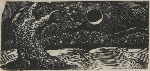 The Blasted Tree (Pastorals of Virgil) by William Blake — A storm-bent tree under a dark moon over flattened fields