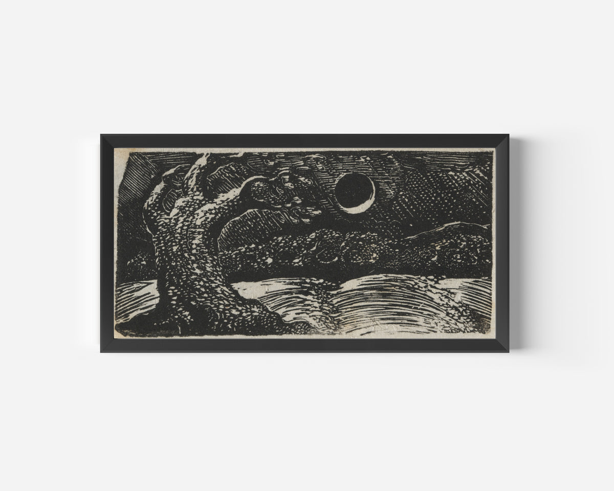 Framed art print of The Blasted Tree (Pastorals of Virgil) by William Blake, in a wide black frame on a plain white wall