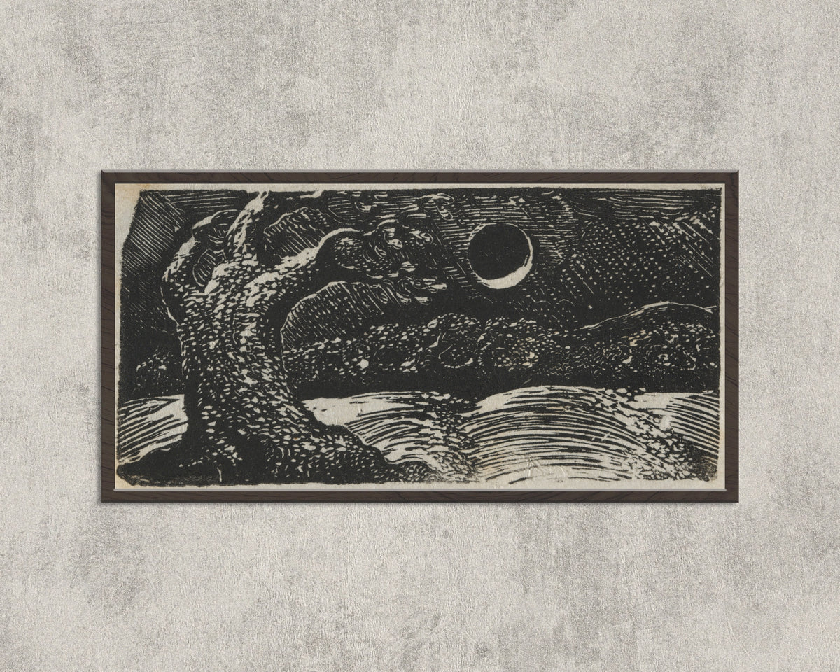 Framed art print of The Blasted Tree (Pastorals of Virgil) by William Blake, in a wide black frame on a concrete wall