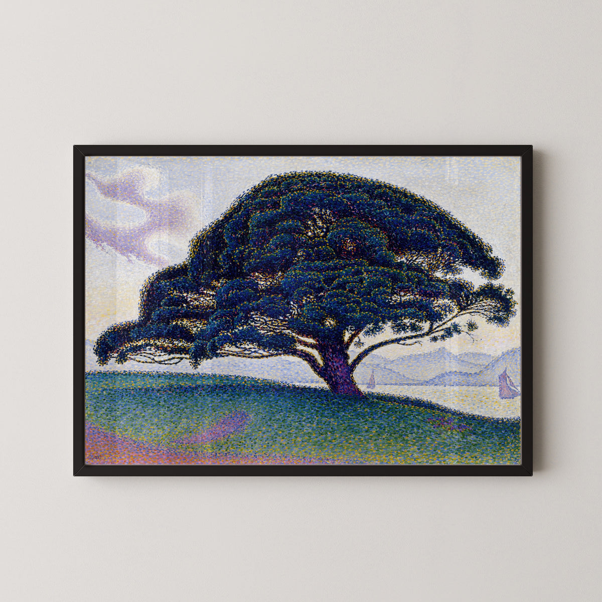 Framed art print of The Bonaventure Pine by Paul Signac, in a black frame on a pale wall