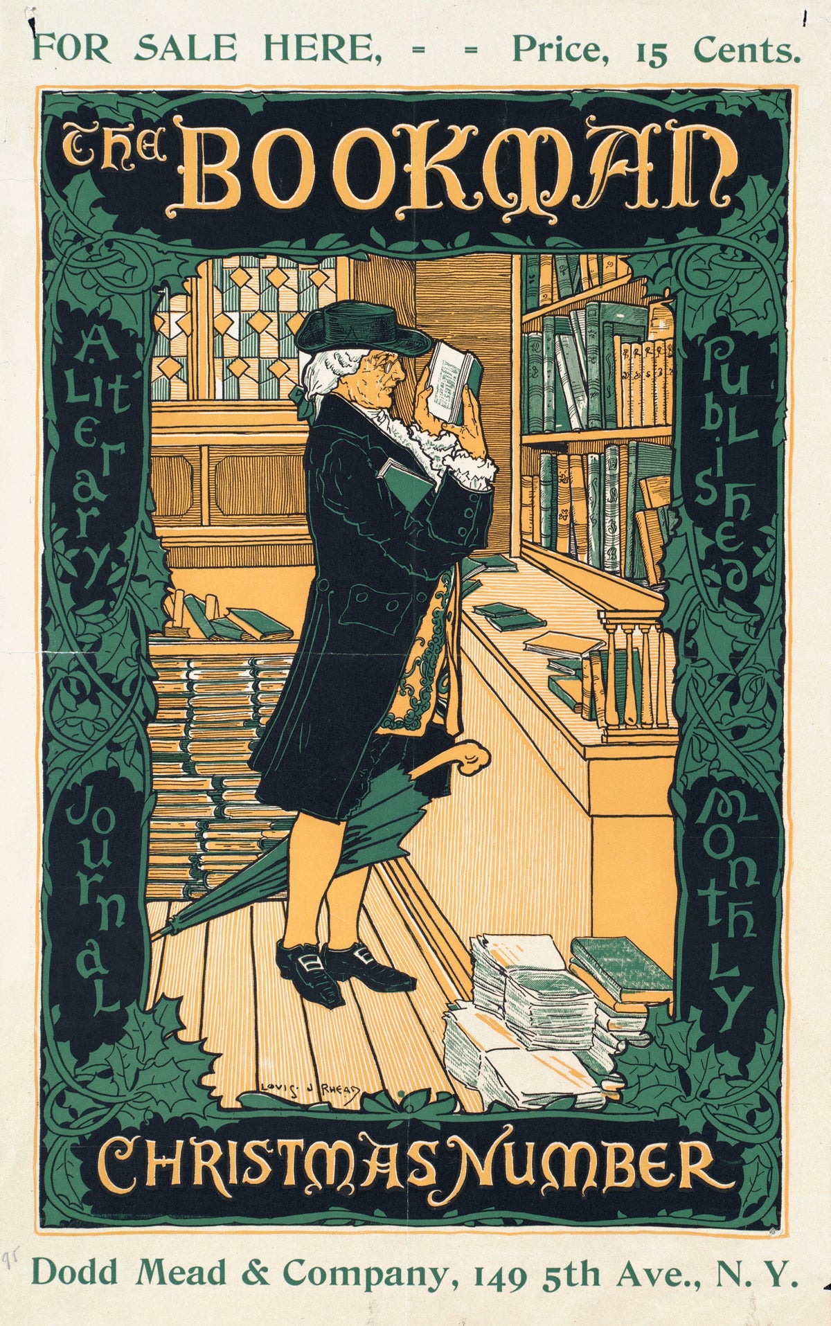 The Bookman, Christmas Number by Louis Rhead — A man in a powdered wig reads in a crowded bookshop