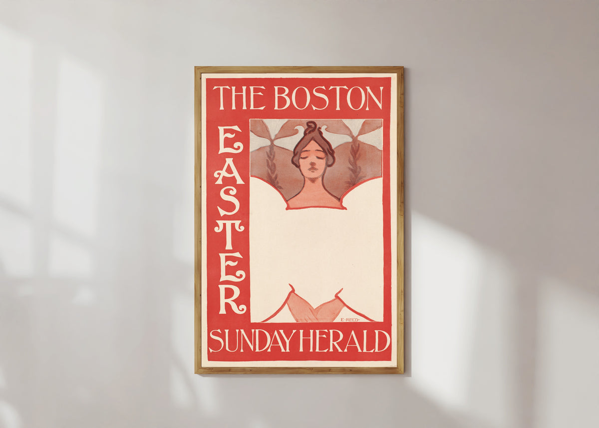 Framed art print of The Boston Sunday Herald, Easter by Ethel Reed, in a light wood frame on a sunlit white wall
