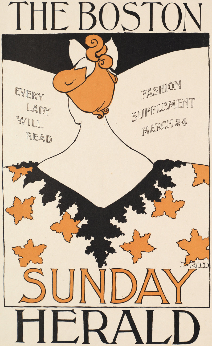 Ethel Reed — The Boston Sunday Herald, Every Lady Will Read, Fashion Supplement, March 24 | Vintage Poster Print shown to scale on a wall above a sofa