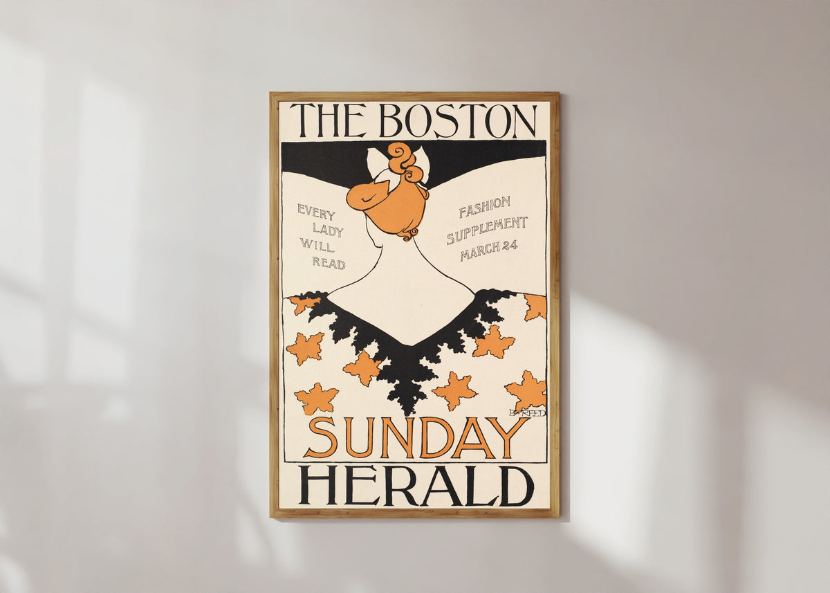 Framed art print of The Boston Sunday Herald, Every Lady Will Read, Fashion Supplement, March 24 by Ethel Reed, in a light wood frame on a sunlit white wall