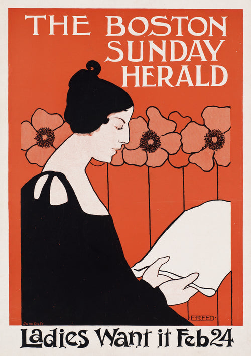 The Boston Sunday Herald, Ladies Want It, Feb 24 by Ethel Reed — A woman in black reads a large newspaper before a row of poppies
