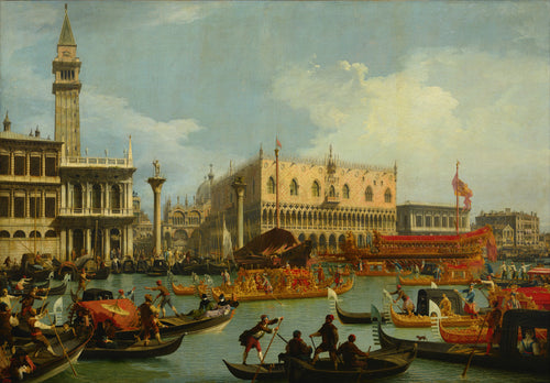 The Bucintore Returning to the Molo on Ascension Day by Canaletto — A gilded state barge among gondolas before the Doge's Palace