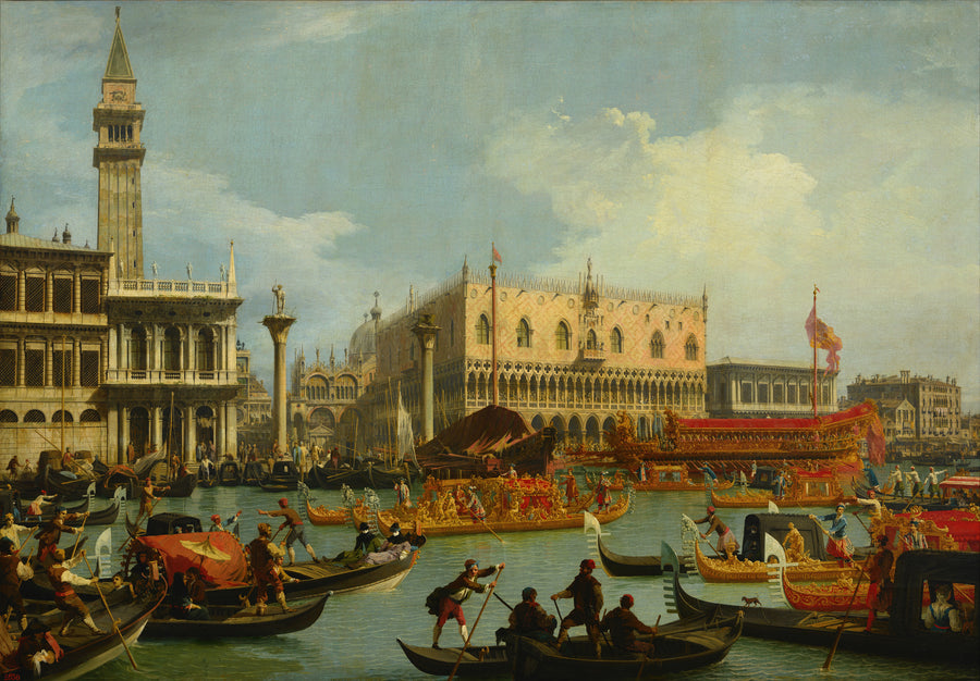Canaletto — The Bucintore Returning to the Molo on Ascension Day | Fine Art Print shown to scale on a wall above a sofa