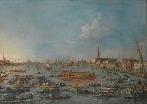 The Bucintoro Festival of Venice by Francesco Guardi — A gilded red state barge among gondolas in a bright harbour