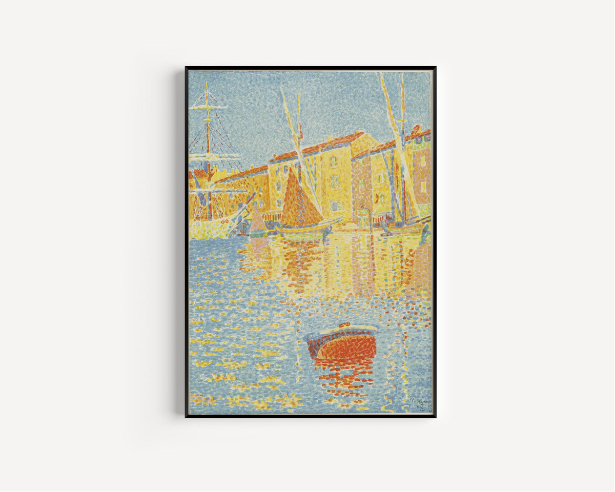Framed art print of The Buoy by Paul Signac, in a slim black frame on a plain white wall