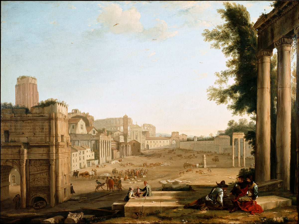 The Campo Vaccino, Rome by Claude Lorrain — A sunlit Roman square of cattle, carts and ruins beneath a pale sky