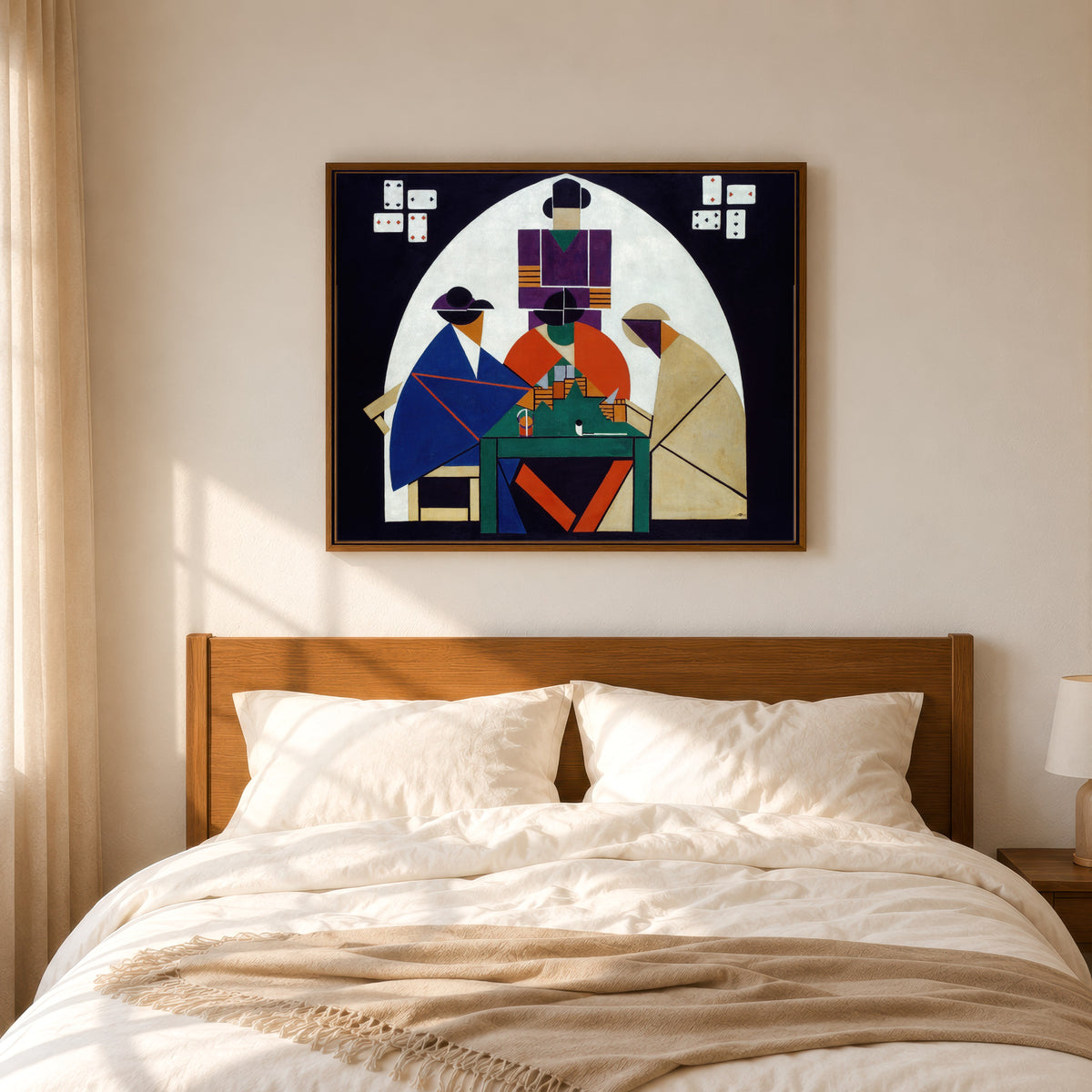 Framed art print of The Cardplayers by Theo van Doesburg, in a slim wood frame above a bed in a sunlit bedroom