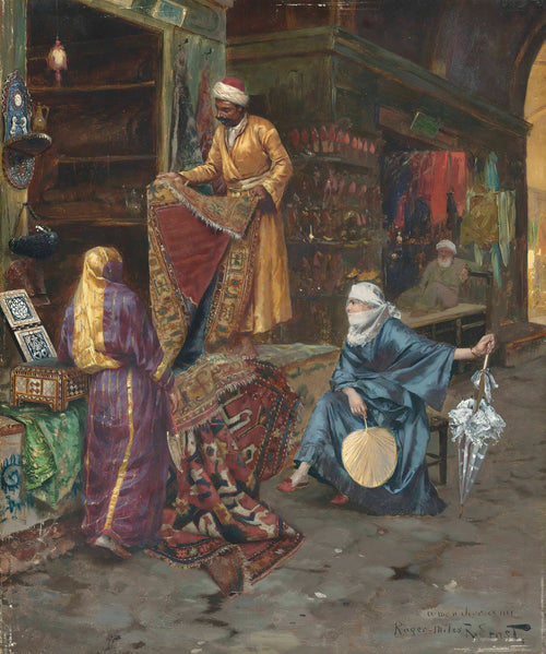 The Carpet Seller by Rudolf Ernst — A carpet seller holds up a rug for two customers in a covered bazaar
