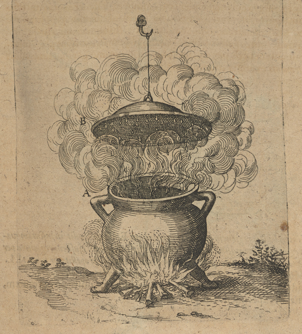 The Cauldron of Imperfect Mixtures over a Fire (Utriusque Cosmi, p. 201) by Robert Fludd — A three-legged cauldron steams over a log fire beneath a hanging lid