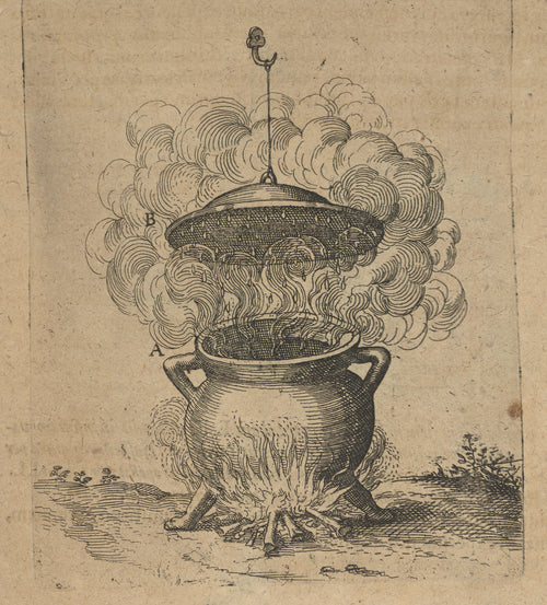 The Cauldron of Imperfect Mixtures over a Fire (Utriusque Cosmi, p. 201) by Robert Fludd — A three-legged cauldron steams over a log fire beneath a hanging lid
