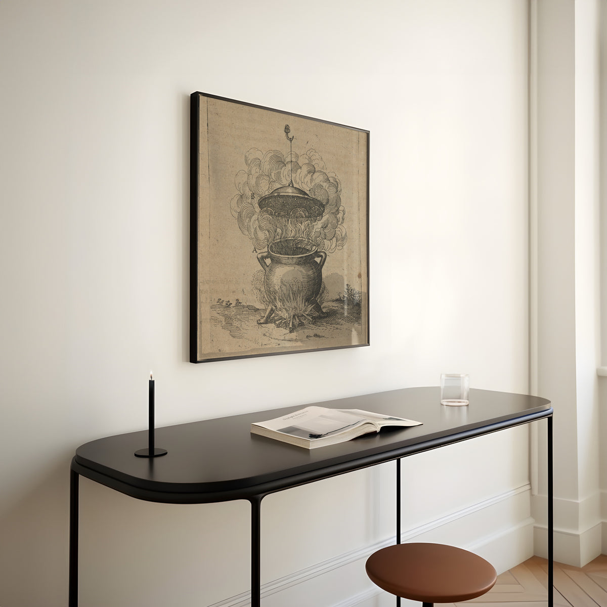 Framed art print of The Cauldron of Imperfect Mixtures over a Fire (Utriusque Cosmi, p. 201) by Robert Fludd, above a slim black console table