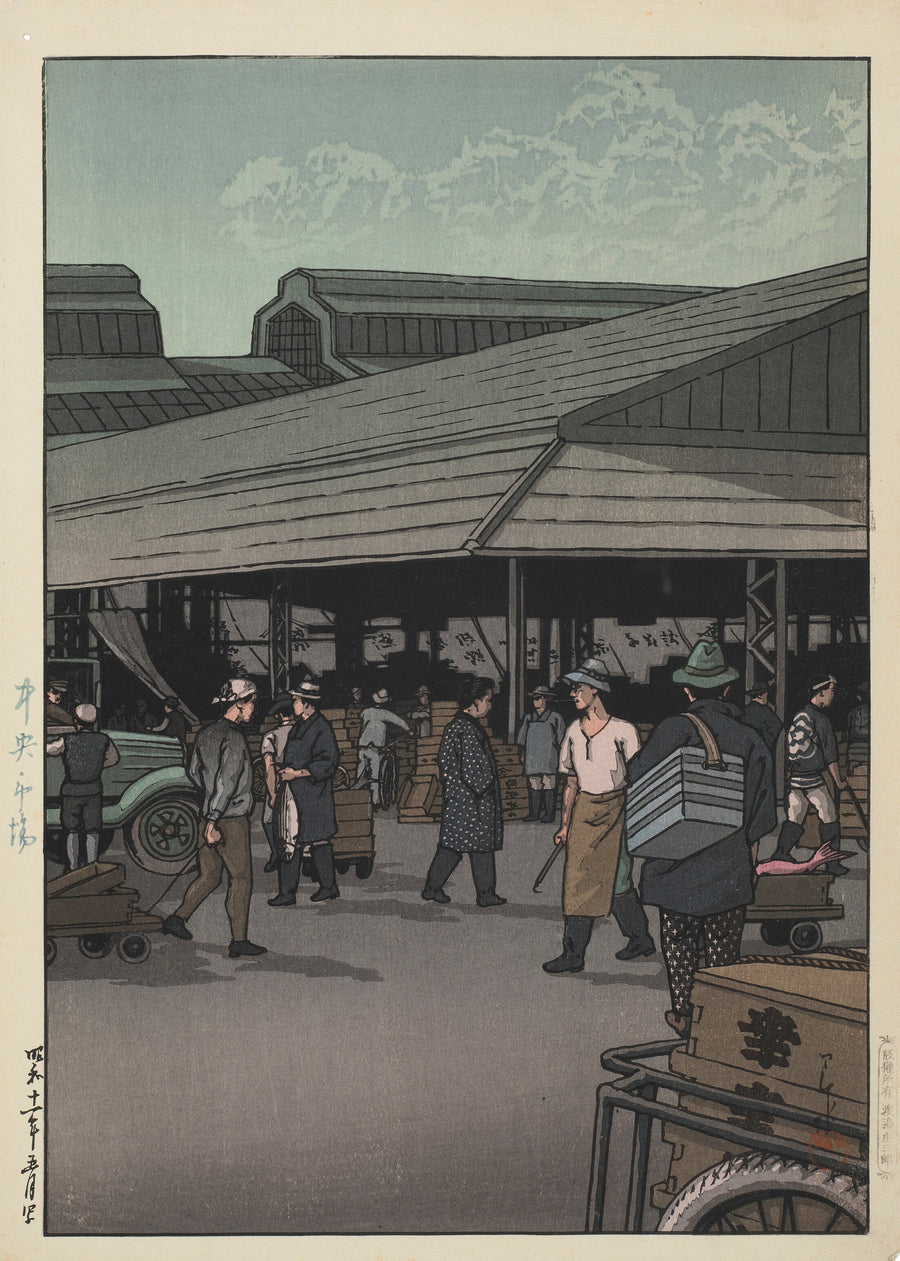Kawase Hasui — The Central Market | Japanese Woodblock Print (Shin Hanga) shown to scale on a wall above a sofa