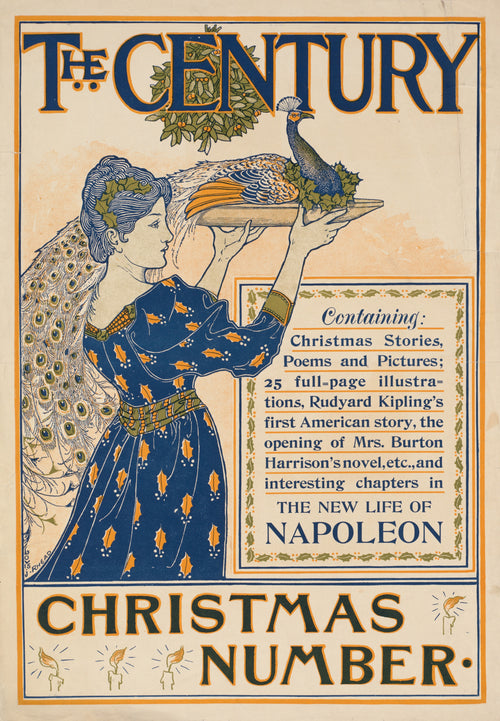The Century, Christmas Number by Louis Rhead — A woman in a holly-patterned gown lifts a peacock on a tray
