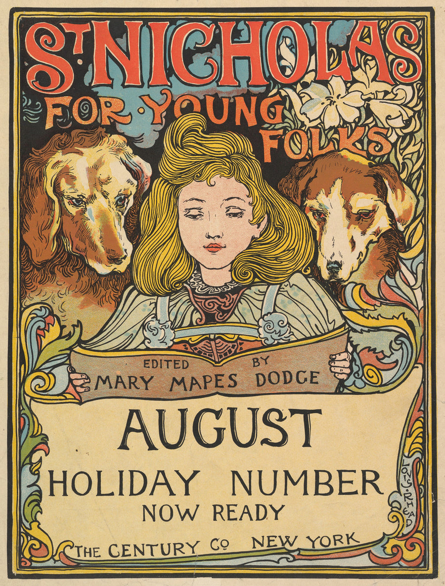 Louis Rhead — The Century, Holiday Number, St. Nicholas for Young Folks, August | Vintage Poster Print shown to scale on a wall above a sofa