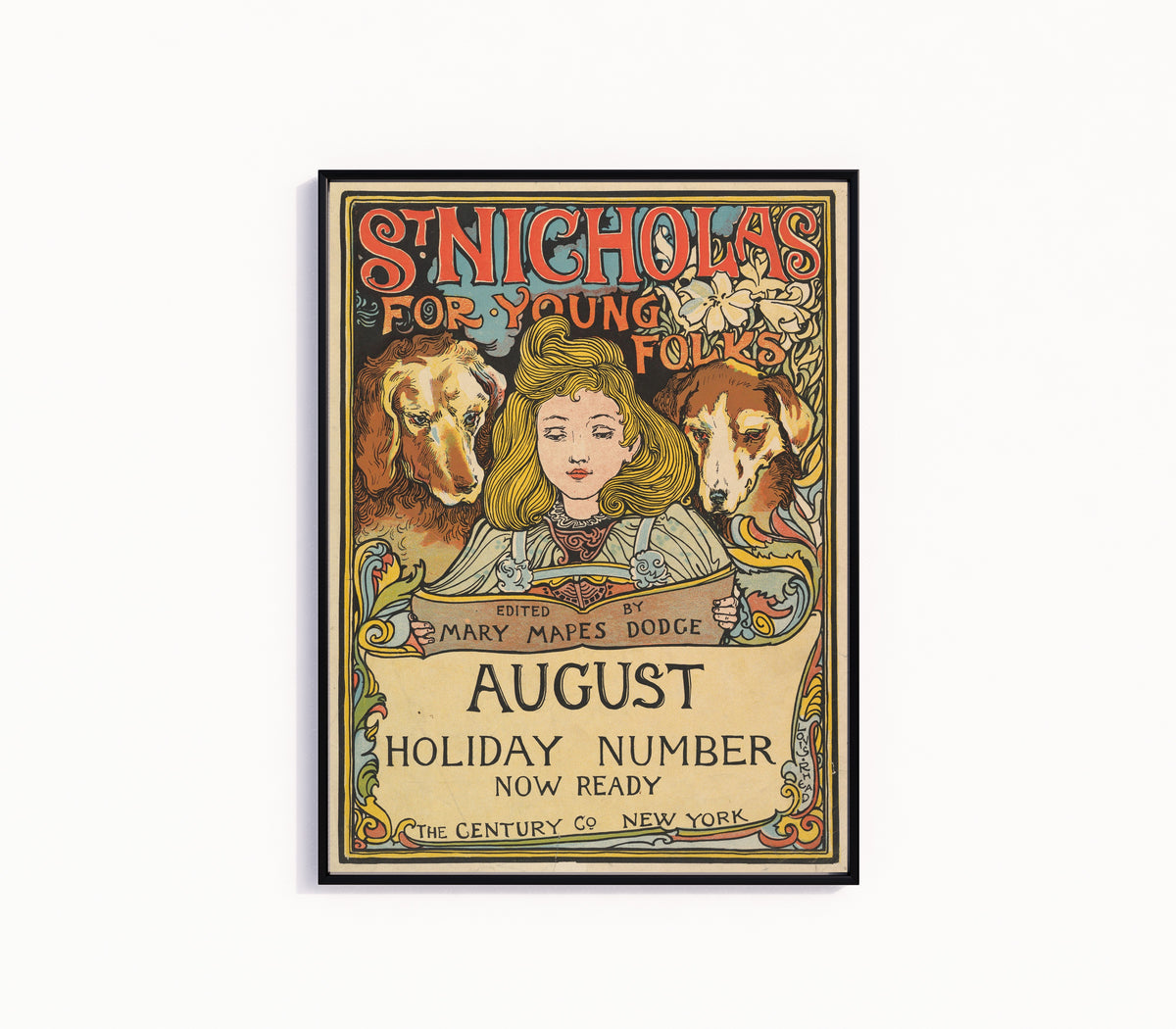 Framed art print of The Century, Holiday Number, St. Nicholas for Young Folks, August by Louis Rhead, in a slim black frame on a plain white wall
