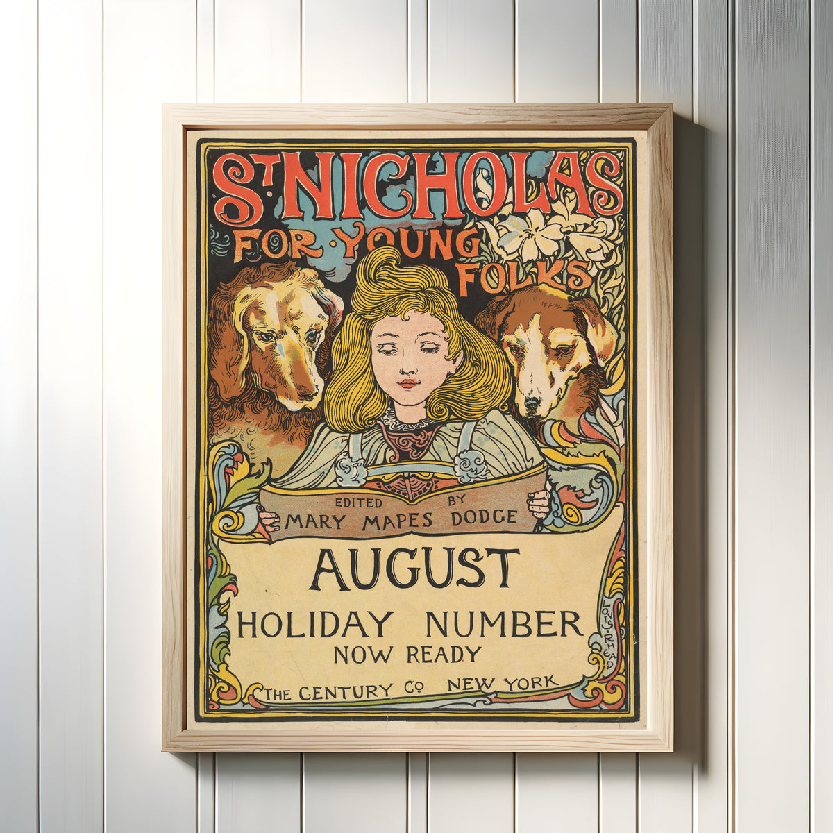 Framed art print of The Century, Holiday Number, St. Nicholas for Young Folks, August by Louis Rhead, in a light wood frame on a white panelled wall