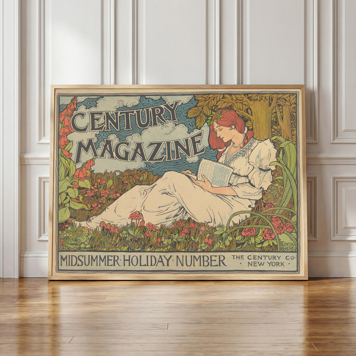 Framed art print of The Century Magazine, Midsummer Holiday Number by Louis Rhead, in a light wood frame leaning against a panelled white wall
