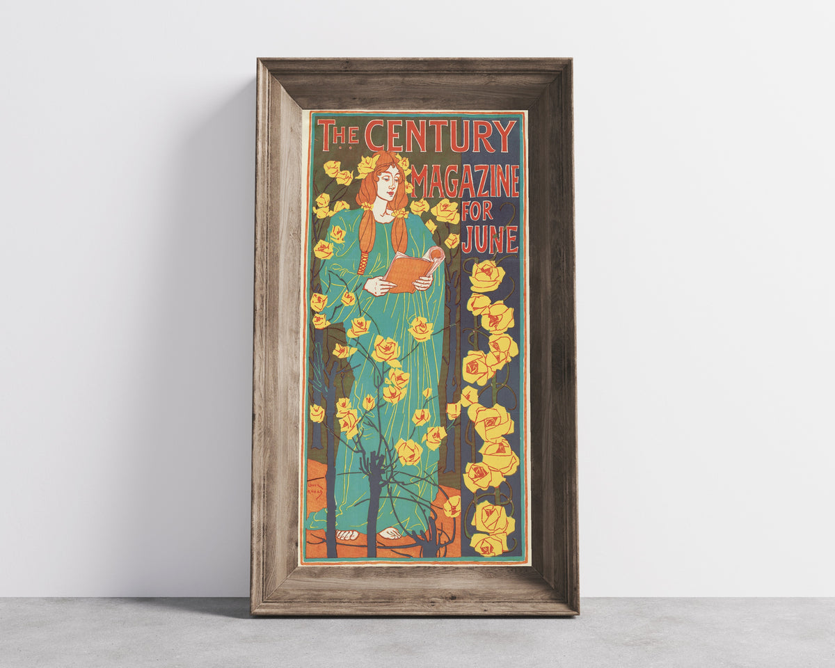 Framed art print of The Century Magazine for June by Louis Rhead, in a wide wooden frame leaning against a concrete wall