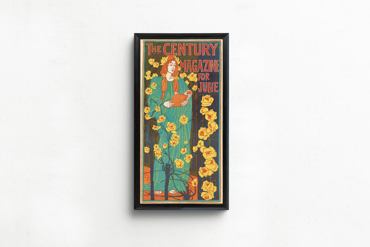 Framed art print of The Century Magazine for June by Louis Rhead, in a slim black frame on a plain white wall